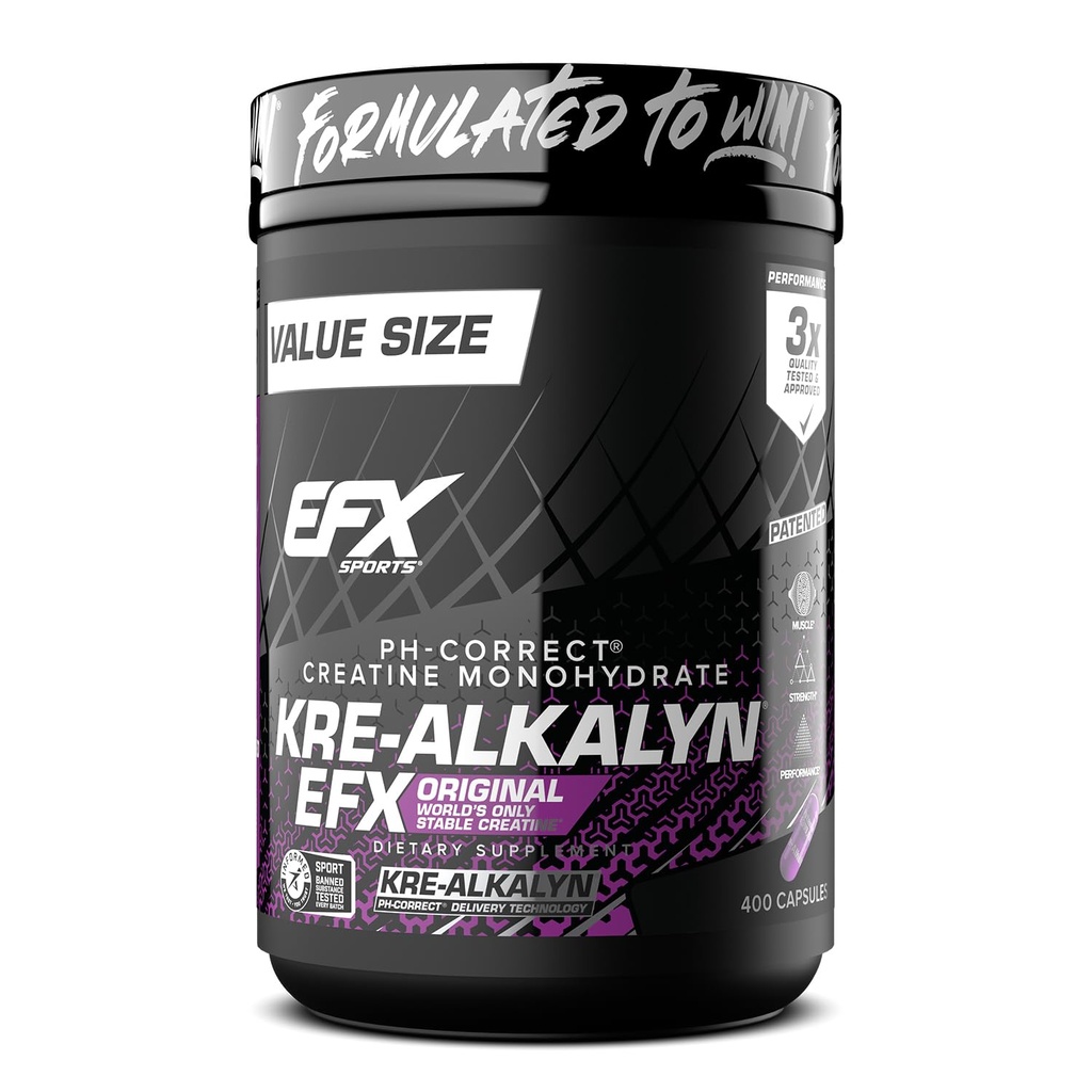 EFX Sports Kre-Alkalyn EFX PHARMAD124; pH korektní Creatin Monohydrát pilulka dodatek PHARD124; síla, růst svalů a výkon PHARD124; 200 Služení, 400 Kapsle