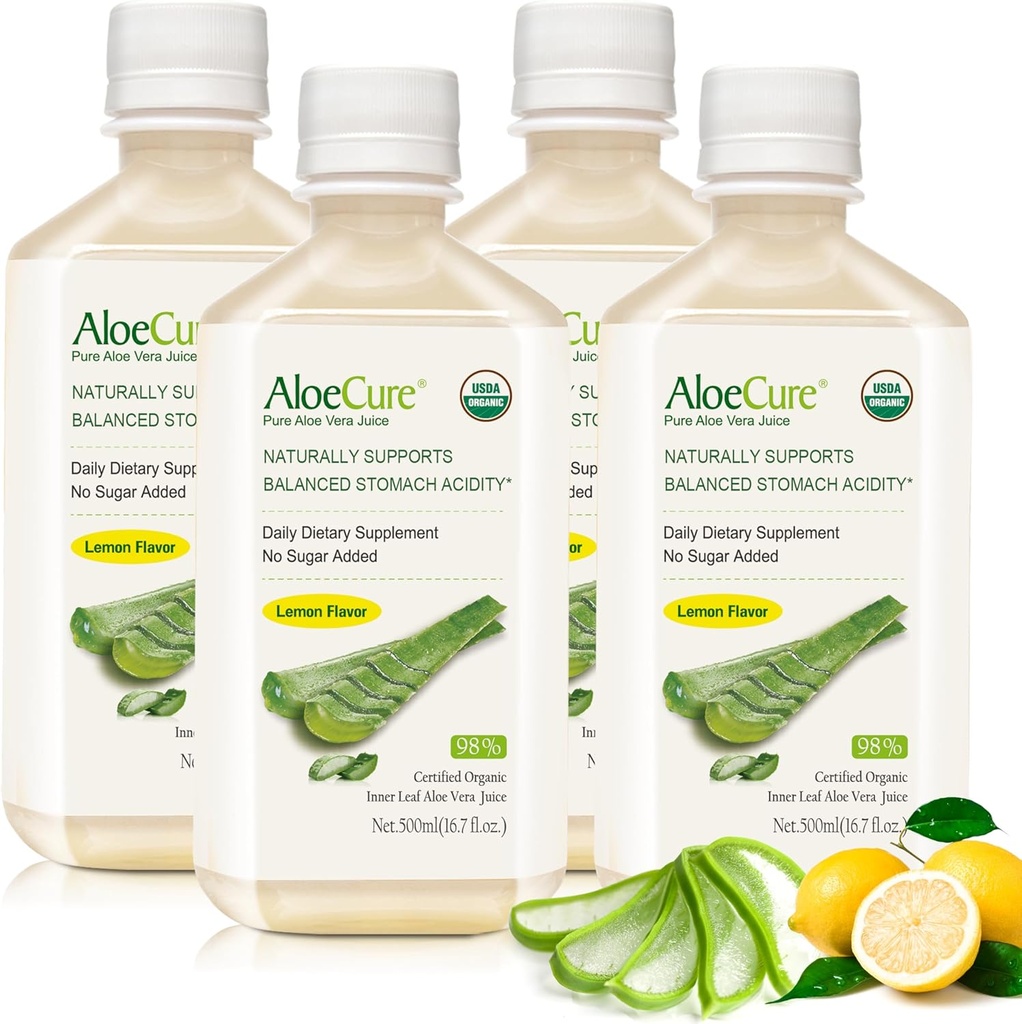 AloeCure USDA Organic Aloe Vera Juice Lemon Flavor - Vyrobeno do 12 hodin sklizně - Přírodní doplněk stravy pro vyváženou kyselost žaludku - Podpora trávicího a imunitního zdraví, 4 Btls x 16.7oz