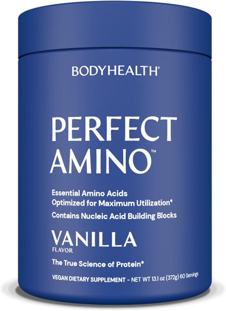 BodyHealth PerfectAmino Powder - BCAA and EAA Powder for Pre and Post Workout - Amino acid Energy Drink for men and women to Support Lean Muscle and Recovery - Vanilla - 60 Serings