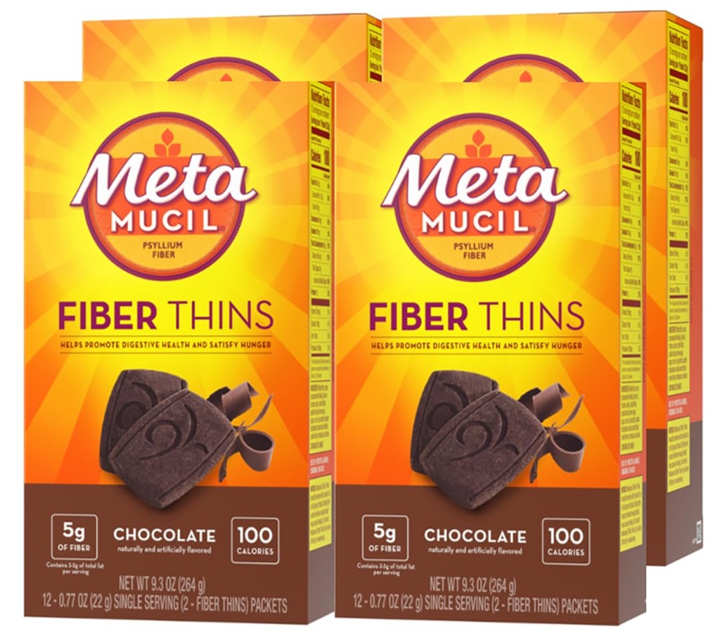 Metamucil, Fiber Tenké, Denní Psylium Husk Fiber Dodatek, Podporuje trávicí zdraví a uspokojuje hlad, Čokoláda Flavor, 48 Celkem Service (4 balení po 12)