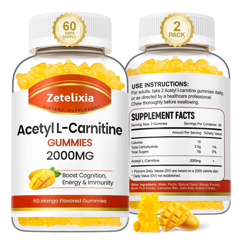 2 Pack Acetyl L- karnitinové gumy, L- karnitin dodatek pro ženy a muže, Nutriční dodatek pro zvýšení energie, imunita a zdraví mozku, Vegan, Non- GMO, Mango Flavor, 120 Počet