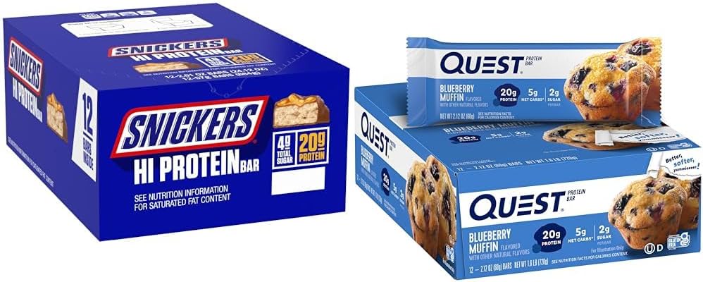 SNICKERS Hi Protein Peanut Caramel Bars 24.12oz Box 12 Count & Quest Blueberry Muffin Protein Bary 12 Count