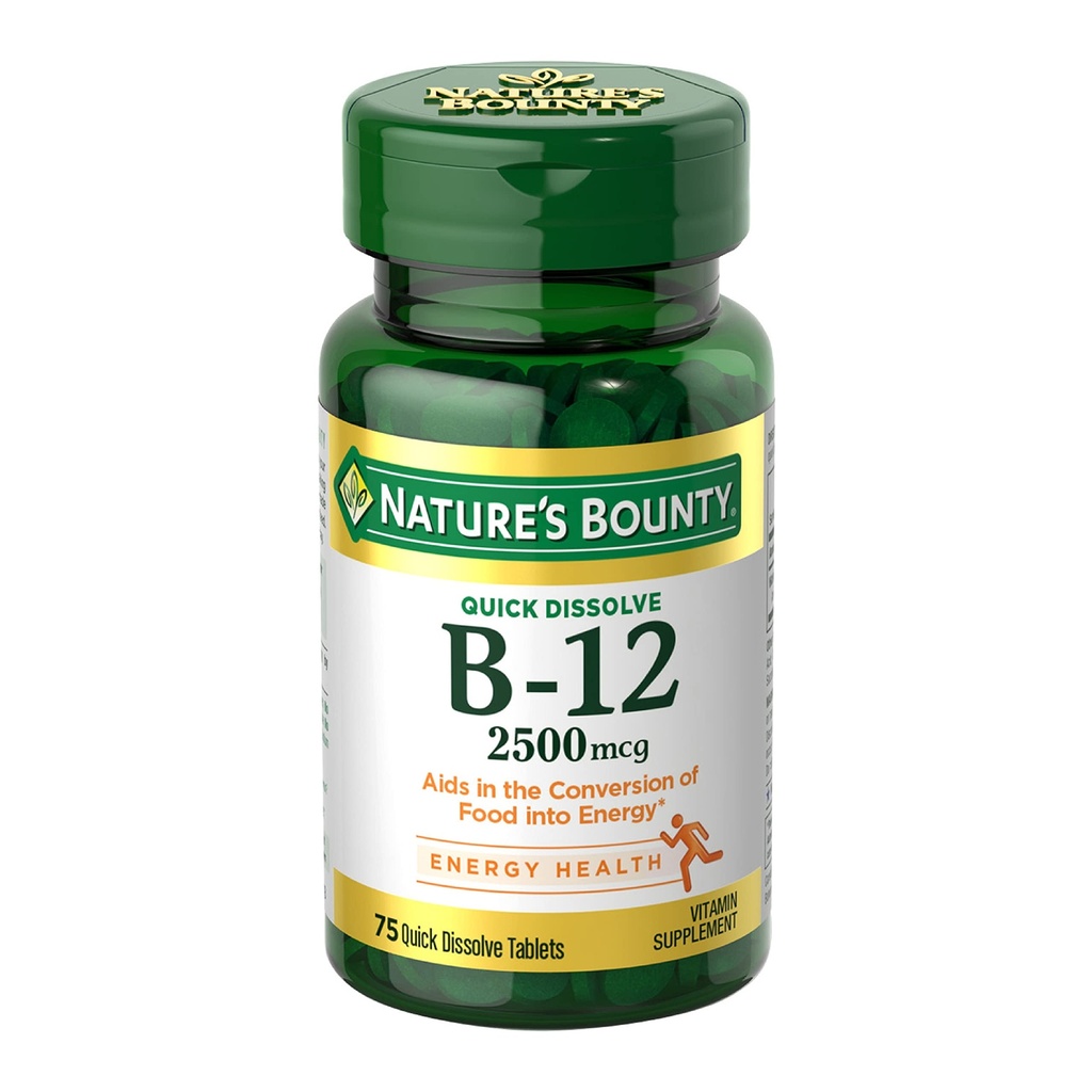 Příroda 's Bounty vitamin B12 2500 mcg, Cellular Energy Support, for Energy Metabolism, Heart & Nervous System Health, 75 Rychlé rozpuštění tablety