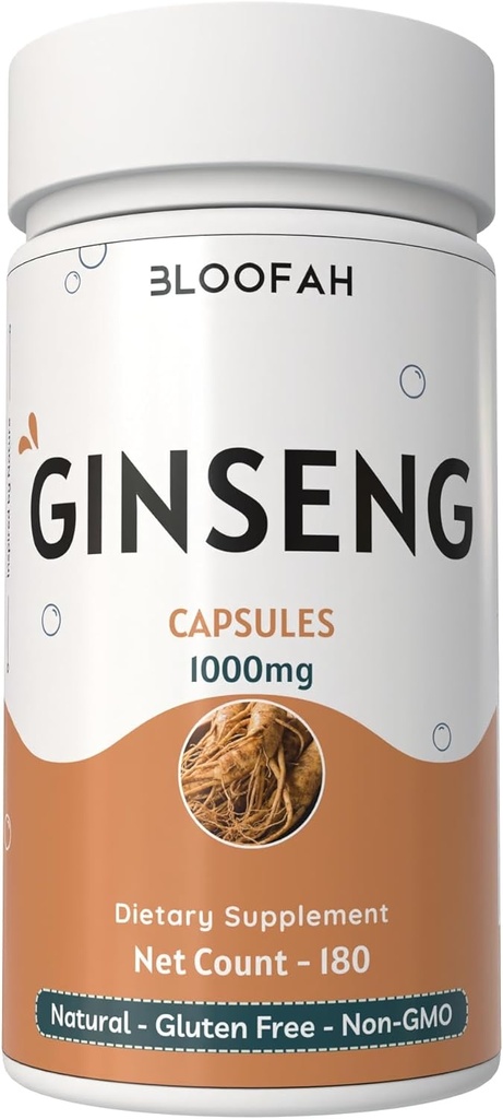 Ginseng Kapsle 1000 mg prášek 124; Panax Ginseng Bylinný dodatek 124; Přírodní, Non- GMO, Gluten- Free pro denní wellness (180 Počet (balení po 1))