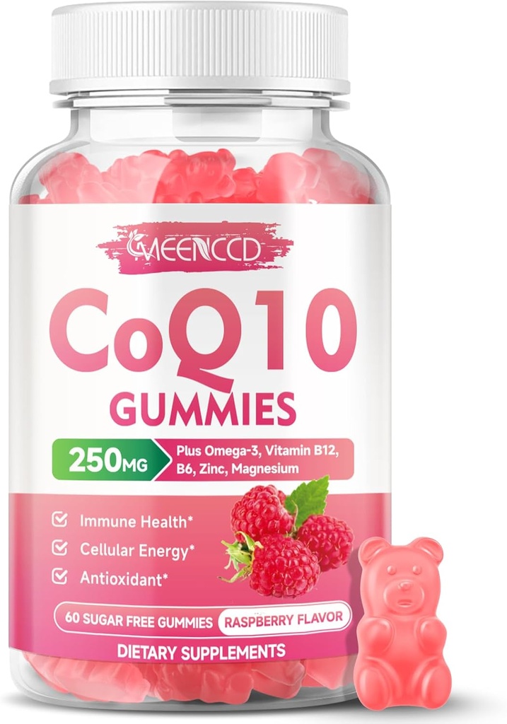 Sugar- Free CoQ10 Gummies 250mg, Coenzym Q10 doplňky Plus Omega-3, vitamin B6 & zinek, vysoce absorpční CoQ10 doplněk pro buněčnou energii a antioxidant podporu, Malina Flavor, Vegan 60Cts