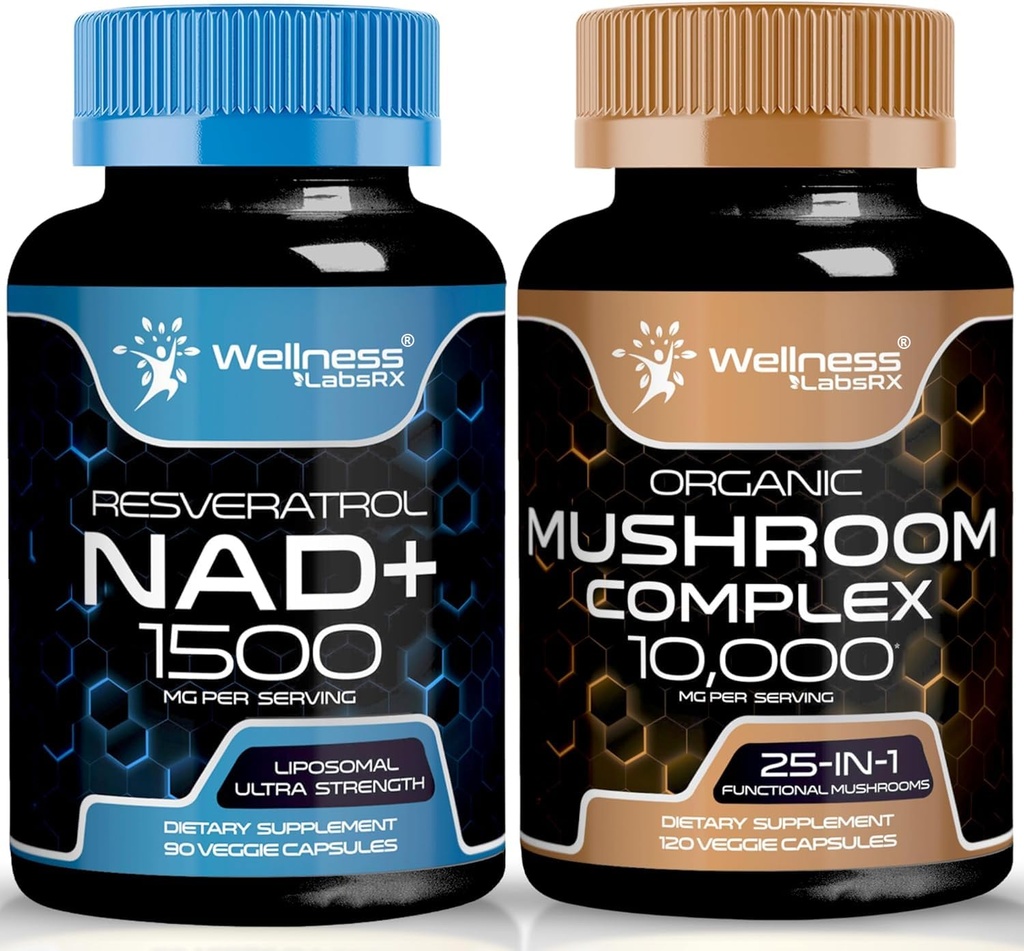WELLNESS LABSRX NAD dodatek, 1500mg - Liposomální NAD + Doplněk k Resveratrol 124; Doplněk k organické houbě Kapsle - 10000mg - 25 v 1 Houbové kapsle
