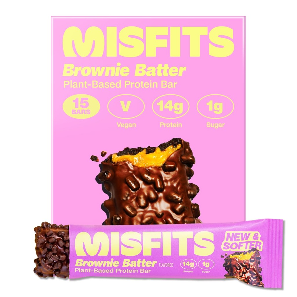 Misfits Vegan Protein Bars, Brownie Batter - Aktualizovaný recept 124; Plant based, Nízký cukr & Carb, High Fiber Snacks Of 124; Balení 15
