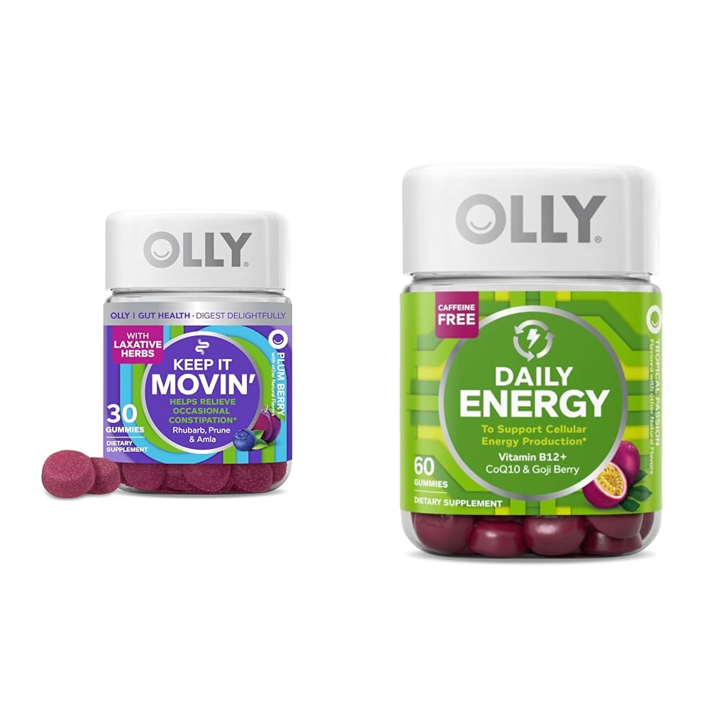 OLLY Constolly Relief 30ct, Energy Gummy 60ct - Rhubarb Prunes Amla Berry, B12 CoQ10 Goji Tropical