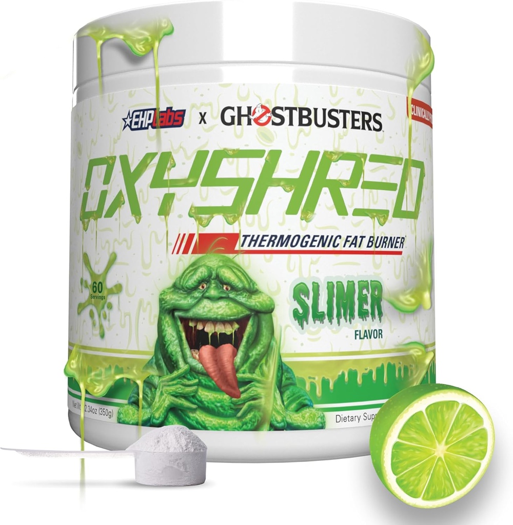 EHP LABS Ghostbusters OxyShred termogenní Pre Workout Powder & Shredding Dodatek - Klinicky osvědčený Preworking Powder s Acetyl L Carnitin, Energy Boost Drink - Slimer Lime, 60 Služeb