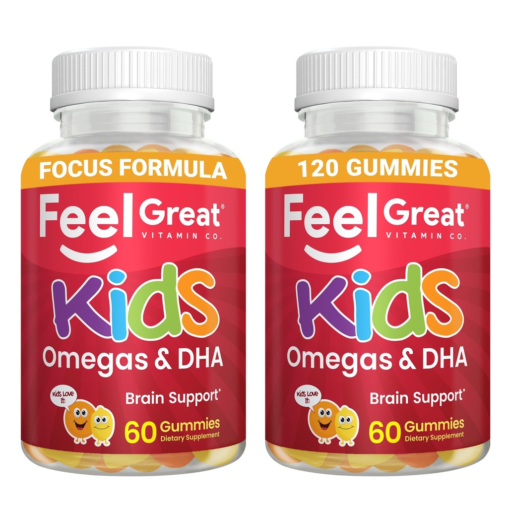 Feel Great Vitamíny Děti DHA Gummies s Omega 3 6 9, Vitamin C (2-Pack) CZ124; Podporuje zdravé funkce mozku, Vision & Heart Health CZ124; Gluten Free, Vegetarian CZ124; 60 Gummies