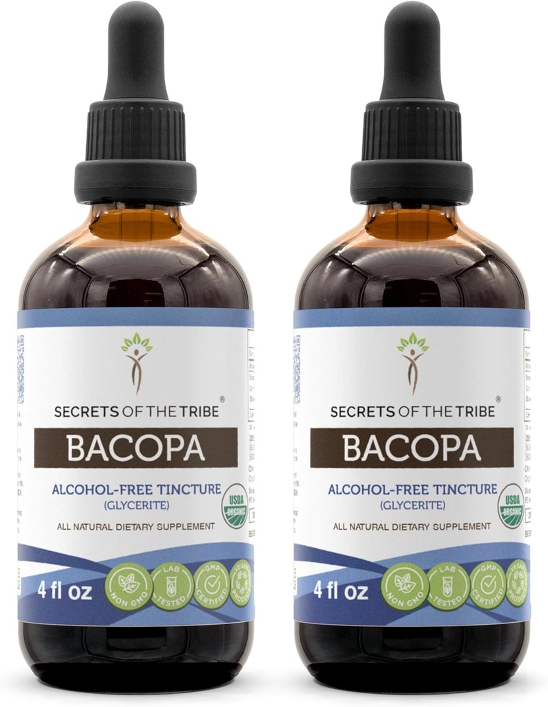 Bacopa USDA Organic CLANE124; Alkohol- FREE Extract, high- potency Bylinné kapky, Relaxace, Pozitivní kognitivní účinek CLANE124; Vyrobeno ze 100% Certified Organic Bacopa (Bacopa Monnieri) Sured Herb 2x4 oz
