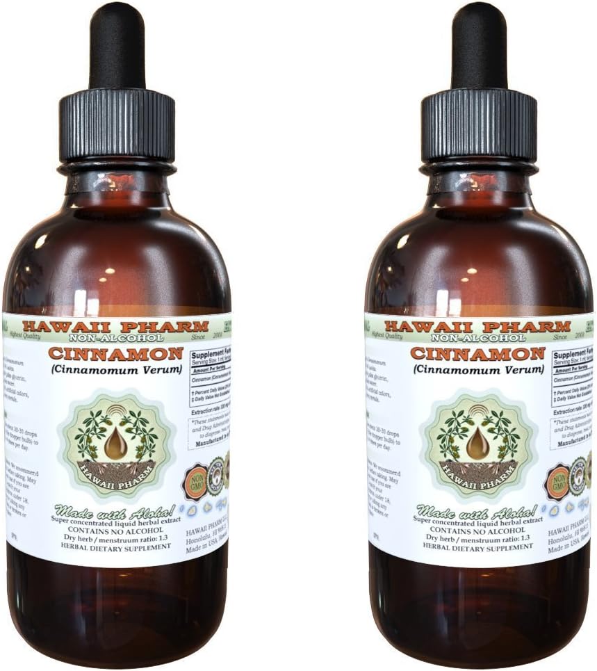 Skořice Alcohol- Free Liquid Extract, Skořice (Cinnamomum Verum) Sušený Bark Glycerite Hawaii Pharm Natural Bylinný doplněk 2x4 oz
