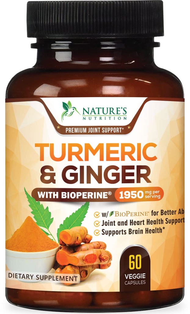 Kurkumin dodatek 1950mg - 95% kurkuminoidy s organickou kurkumou & Ginger, BioPerine Black Pepper pro nejlepší absorpci, Nature Vegan Joint Support, Non- GMO, Lahve v USA - 60 Kapsle