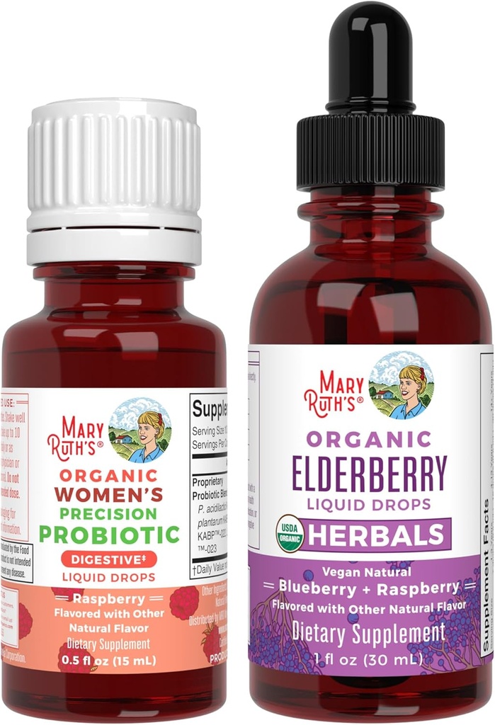 MaryRuth Organics Precision Probiotic for Women (Raspberry) & Elderberry Drops (Blueberry) CL124; USDA Organic CL124; Vitaminy pro Gut Health, Imunity, & Celkově Wellness CL124; Vegan, Non- GMO, gluten zdarma