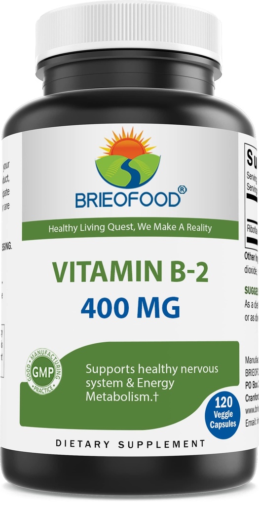 Brieofood Vitamin B2 (Riboflavin) 400mg, 120 Veggie Kapsle - Gluten Free, Non- GMO