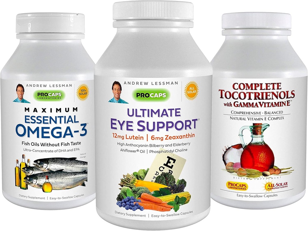ANDREW LESSMAN 3 Product Eye Health Bundle - 360 Softgels Každý z Ultimate Eye Support, Maximální esenciální Omega33 a Kompletní Tocotrienoly. Podporuje a podporuje zdraví očí.