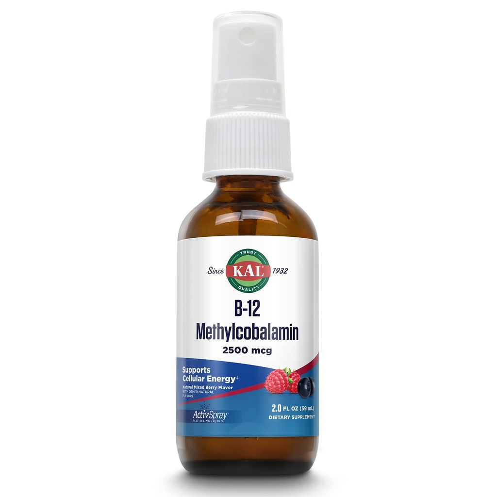 Kal Vitamin B12 Methylkobalamin ActivSpray 2500mcg, Zdravá energie, Metabolismus, Nerve & Red Blood Cell Support, * Fast- acting Liquid B12, Maximum Absorpce, Natural Berry Flavor, 80 Servings, 2 fl oz