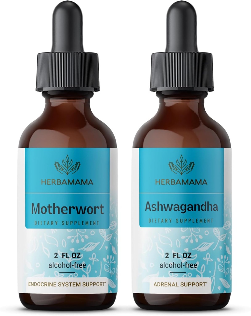 HERBAMAMA Herbal Liquid Drops Kit - Bundle of Motherwort Extract & Ashwagandha Tincture 2 fl oz - Vegan, Non- GMO, Sugar & Alcohol- Free - 2 Pack