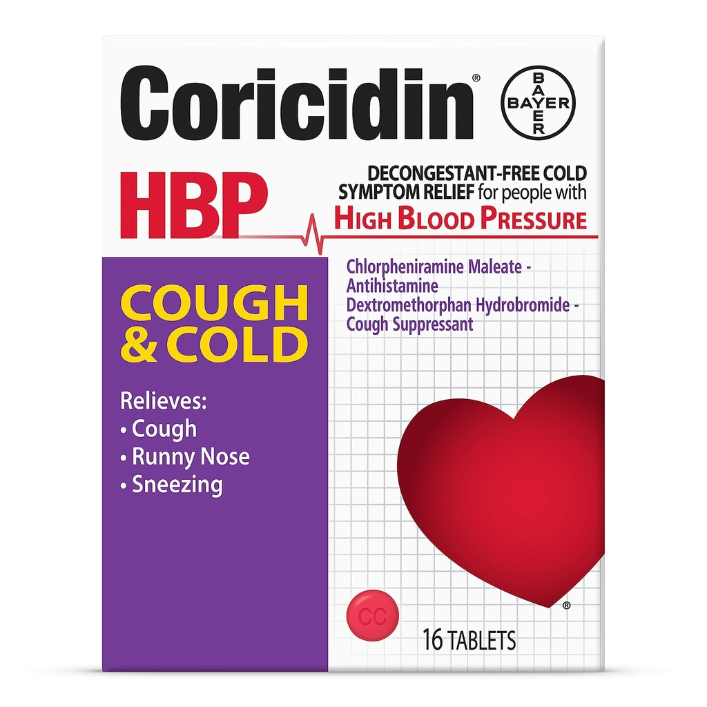 Coricidin HBP Decongestant- Free Cough and Cold Medicine - Speciálně navržená úleva pro vysoký krevní tlak, kašel, Runny Nose, Nýšení a studené příznaky (16 Počet)