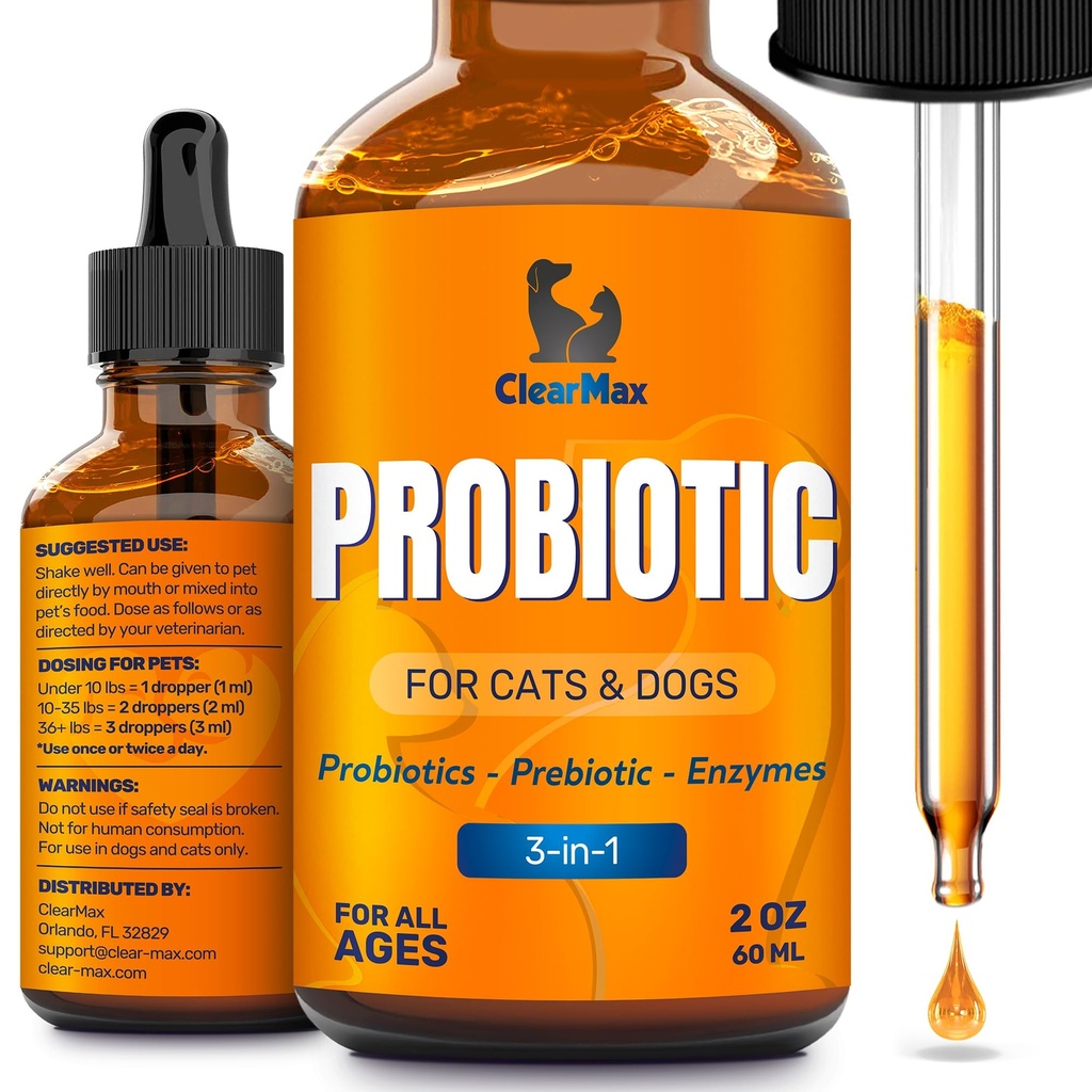 Tekutá probiotika pro psy a kočky - 6 miliard CFU Pet stravitelná podpora - Psí probiotika s enzymy - Cat Probiotic Supplement - 2-oz láhev