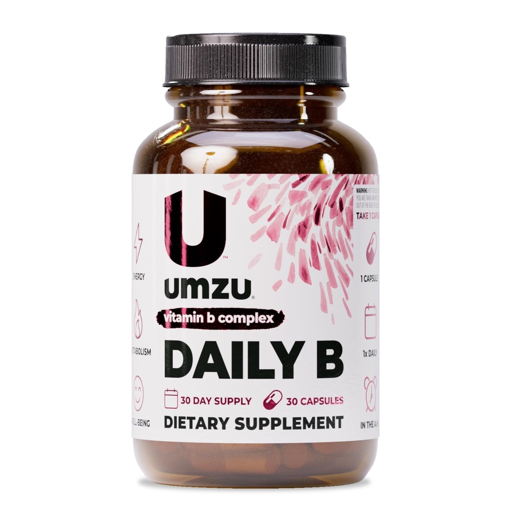 UMZU Daily B '-124; 100% Kompletní vitamin B komplex s B1, B2, B3, B5, B6, B7, B9 & B12 s kyselinou listovou 124; Podporuje přirozenou výrobu energie a kognitivní funkce Well (30 denní dodávka 124; 30 Kapsle)