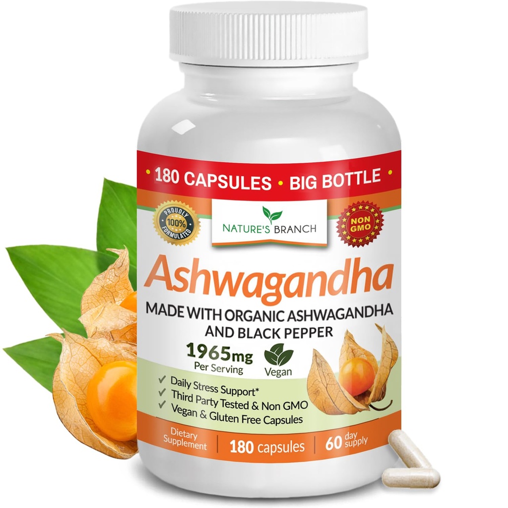 UDAF ověřené organické Ashwagandha s černým pepřem - 180 Kapsle - 1965mg Extra síla pro stres, spánek, nádech, štítné žlázy, zaostření, vlasy, Vegan čistý kořenový extrakt prášek - muži a ženy doplňky
