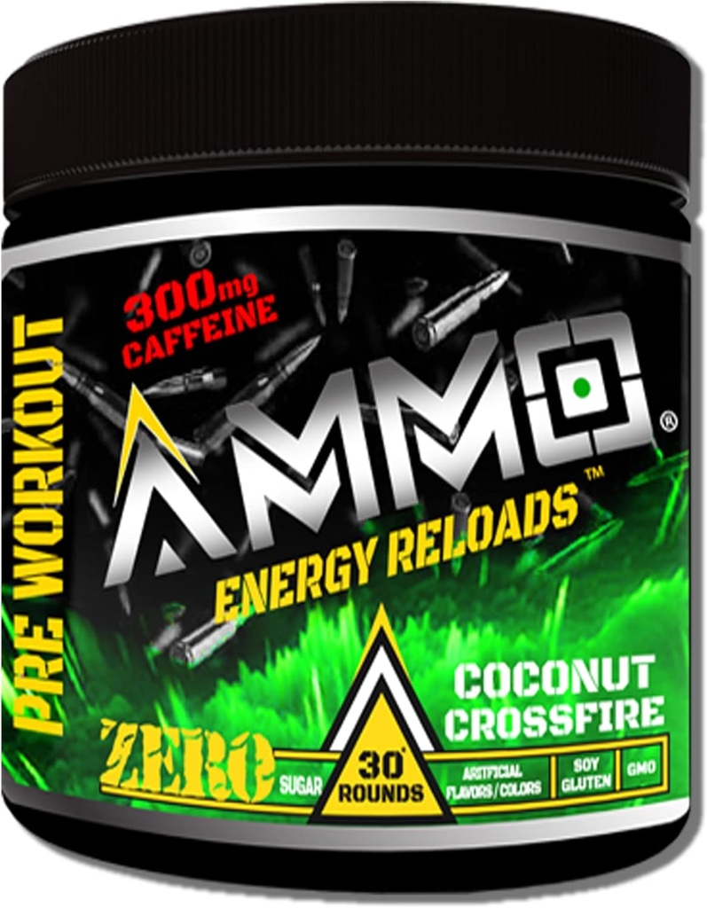 AMMO ® Energy Reloads ™ Pre Workout Powder - 300mg Caffeine Zero Sugar Vital Aminos and Electrolytes No umělé Flavors or Coconut Crossfire