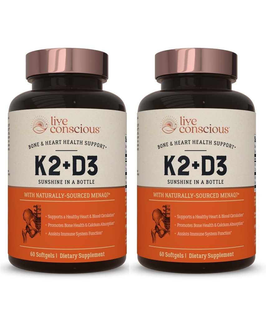 Živý uvědomělý vitamin K2 MK7 s doplňkem D3 CLAS124; Podpora zdraví kostí a srdce - patentovaný vitamin K & Vitamin D3 5000 IU (2-Pack)