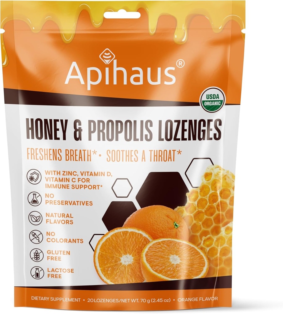 Med a Propolis Lozenges Orange Flavor, Freshens dech - uklidňuje hrdlo - imunitní podpora s vitamínem C, Vitamin D a zinek, 20 Počet