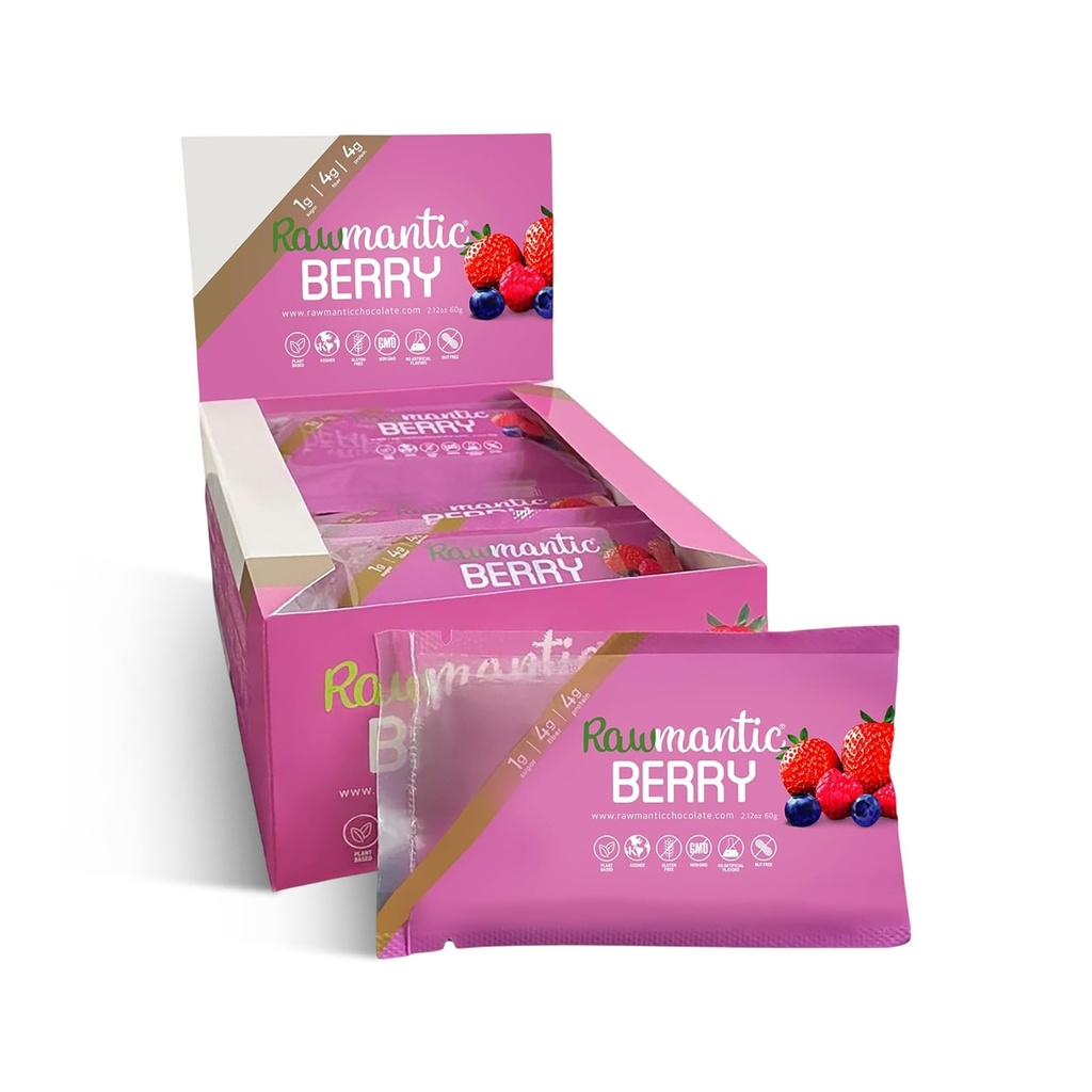 Rawmantic Chocolate Berry Vegan Energy Bars - 2.1 Oz (balení 12) - Chocolate Snack Bars - Mléčné, Nut a gluten zdarma smíšené Berry Bar - Ideální pro veganské diety - Non- GMO smíšené Berry Energy Bary