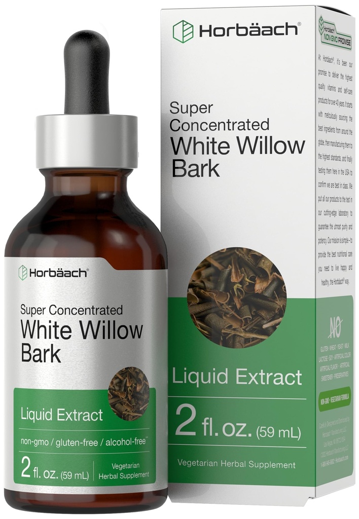 Horbäach White Willow Bark Extract tinktura 124; 2 Fl oz dura124; Alkohol zdarma tekutý dodatek 124; Super koncentrovaný dura124; Vegetariánské, Non- GMO, gluten zdarma