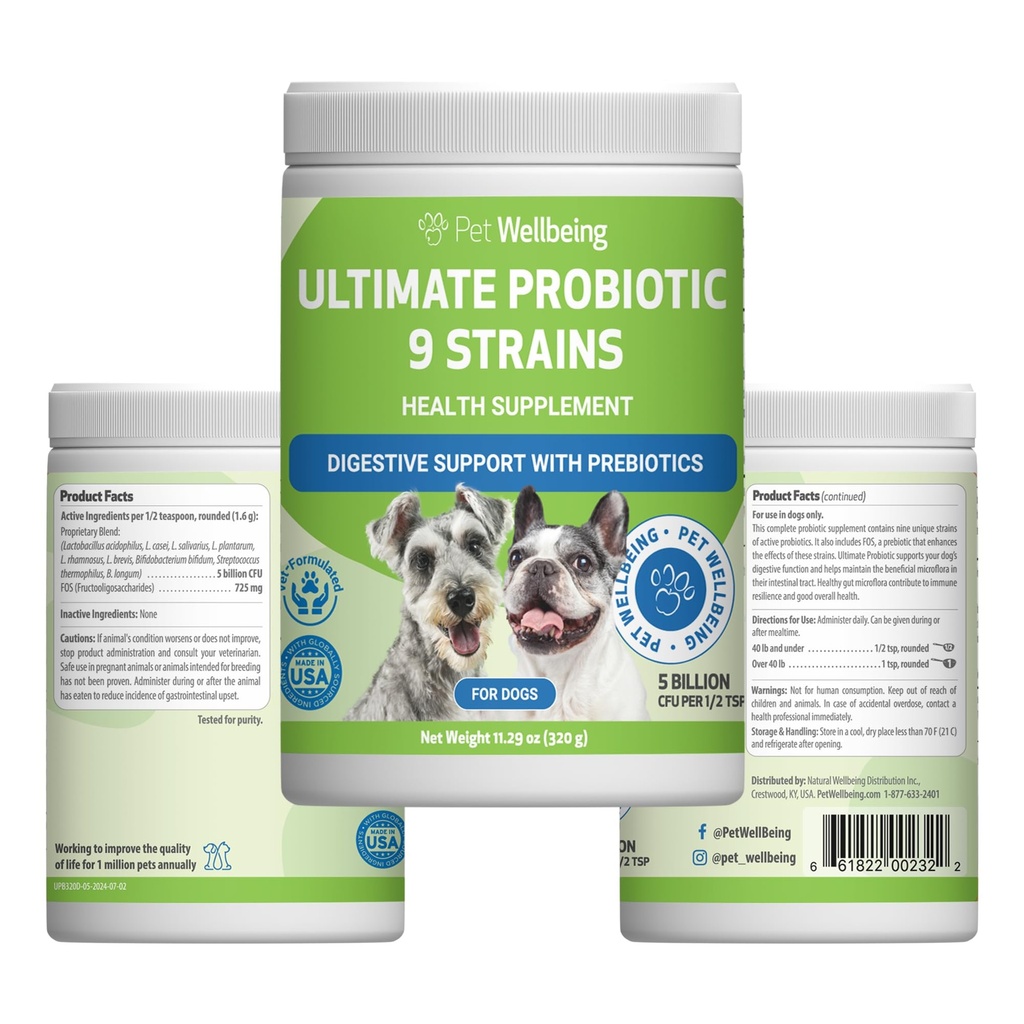 Pet Wellbeing Ultimate Probiotic 9 Kroužky pro psy a kočky - Podporuje Gut mikrobiom a trávení, imunitní systém péče, Močové Tract Health, FOS, 2,5 miliardy CFU - 11.29 oz (320 g) Prášek