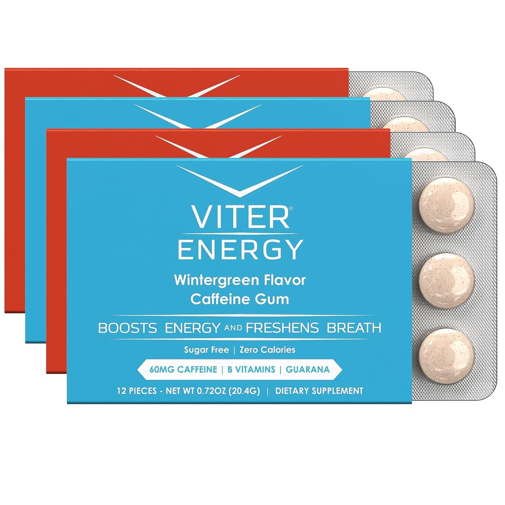 Viter Energy Caffeinated Gum 60 mg kofein, B vitaminy, guarana, cukr zdarma. (Variety, 12ks, 4 Pack)