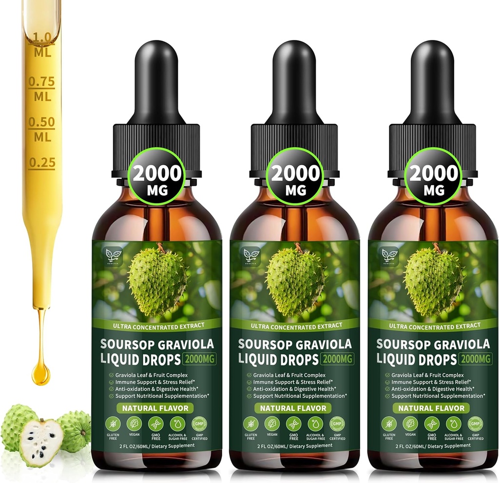 (3 Pack) Soursop Graviola Liquid Drops 2000mg, 98% Absorpce pro buněčnou podporu a regeneraci, Imunite Boost, Játra, Bylinná dobrota, Soursop Bitters Liquid- Sugar / gluten Free, Natural Flavor, 6 Fl Oz