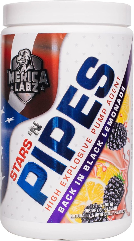 'Merica Labz Stars' N Pipes High Explosive Pump Agent, Stimulant- Free, 6G L- Citrulline, 20 Služeb (Zpět v Black Lemonade)