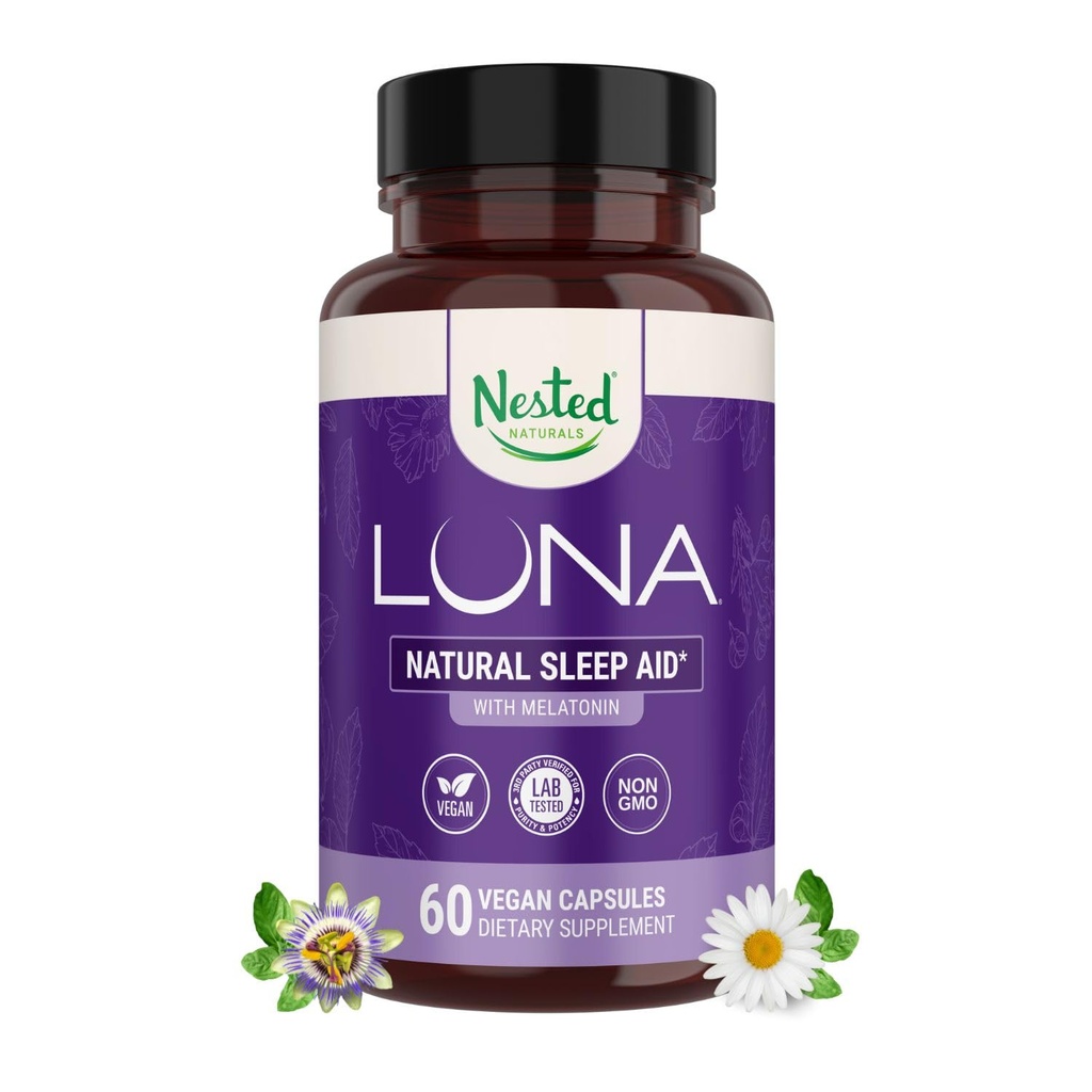 Nested Naturals Luna Sleep Aid - Non- Habit Forming Natural Sleeping Pills pro dospělé s přirozeně živými složkami - Valerian Root, Melatonin, Heřmánek, Citrónový balzám, a více - 60 Vegan Kapsle