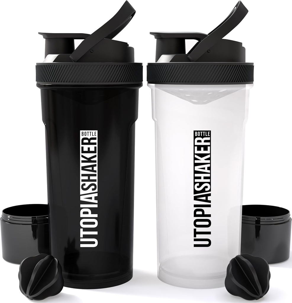 Utopia Home Shaker Lahvička 2 Pack - 24 Ounce Plastic Protein nebo Cocktail Shaker Lahvička pro Pre & Post cvičení s Twist & Lock Protein Box Storage (Všechny černé & Clear / Black)