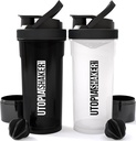 Utopia Home Shaker Lahvička 2 Pack - 24 Ounce Plastic Protein nebo Cocktail Shaker Lahvička pro Pre & Post cvičení s Twist & Lock Protein Box Storage (Všechny černé & Clear / Black)