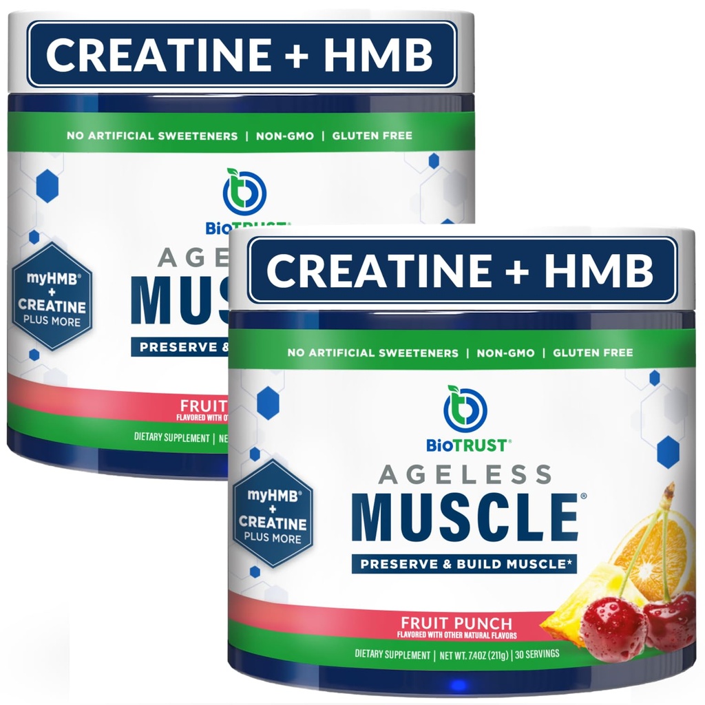 BioTrust Ageless Muscle Builder - Creatine HMB Powder with Vitamin D3 & Betaine - Build & Preserve Přirozeně snižující svalovou hmotu a sílu - Ovocný punč, 60 Služeb