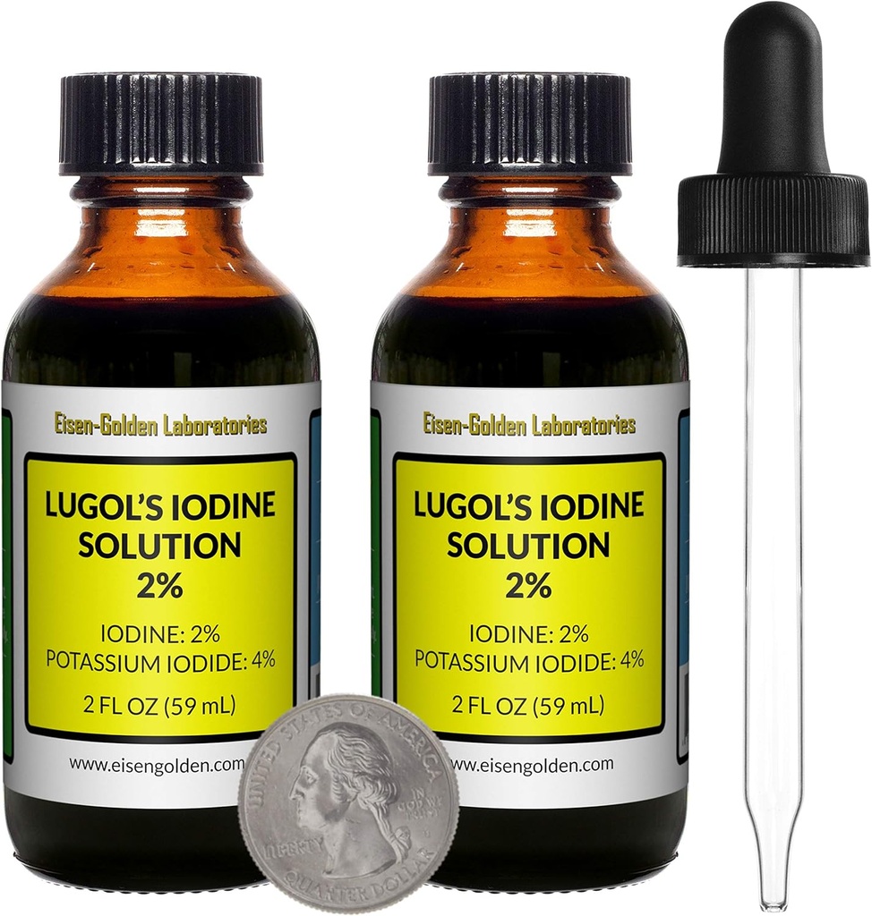 Lugol 's jód / 2% Solution / 4 Oz in Two Amber Glass Bottles / Free Droppers / USA
