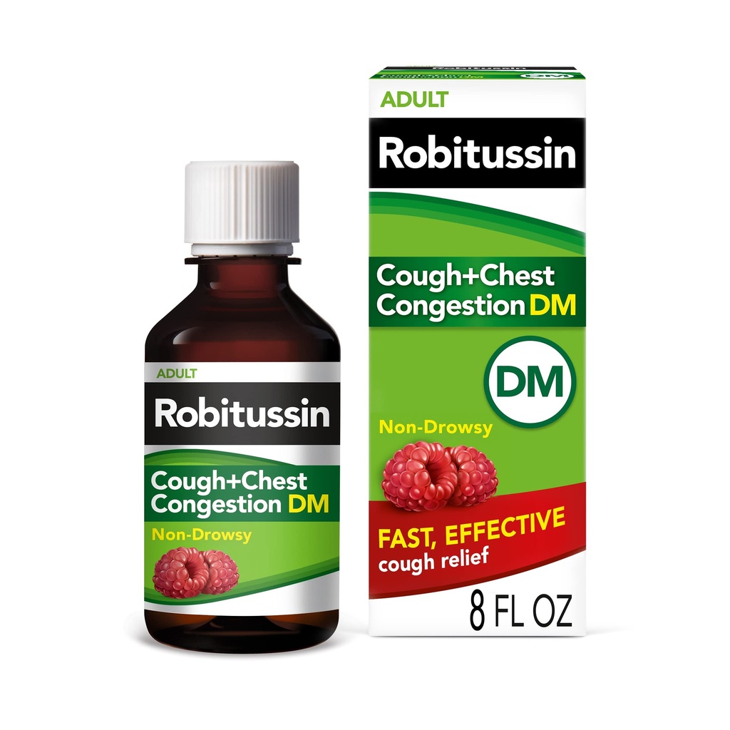 Robitussin Kašel a hrudník Congestion DM, Cough Conpressant a Expectorant, Malina Flavor - 8 Fl Oz láhev