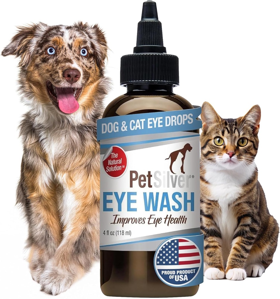 PetSilver Eye Drops for Dogs and Cats - Natural Dog Eye Wash - Relief for Infrastruction & Iritation - Pet Eye Cleaner and Tear Stain Remover - Patented Silver Formule - Made in The USA - 4 fl oz