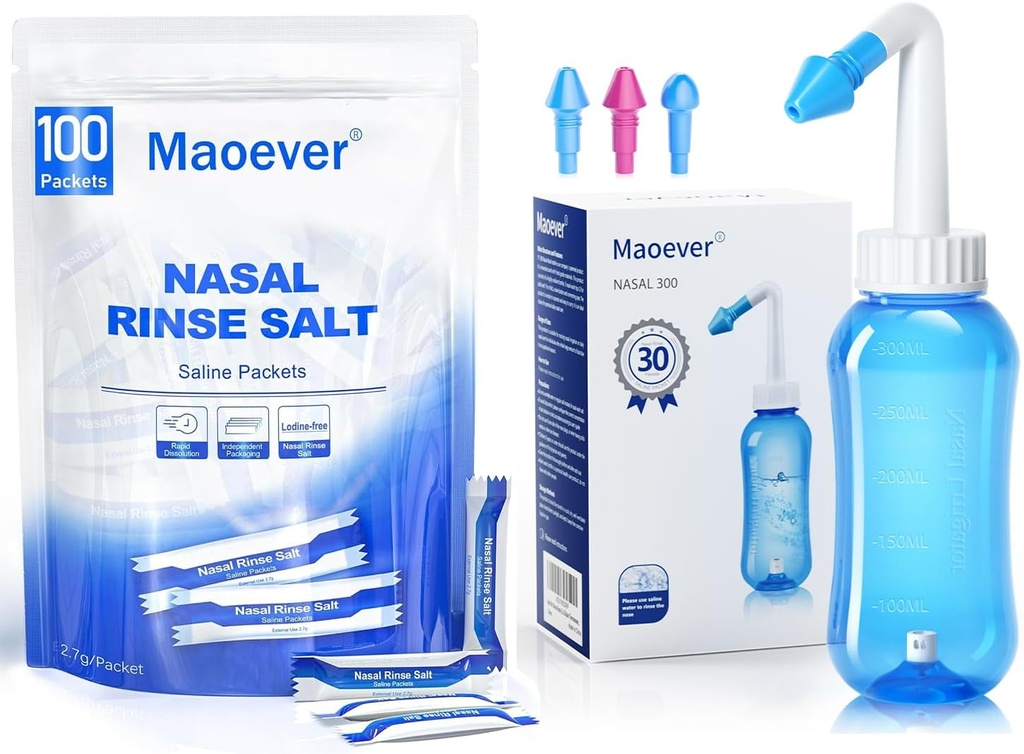 MAOEVER Neti Pot s 130 Nasal Wash Salt Packets Sinus Rinse Lahvička Nos Mytí čistič tlaku Rinse Nasal zavlažování pro dospělé & Kid BPA Volný 300 ML samolepka teploměr