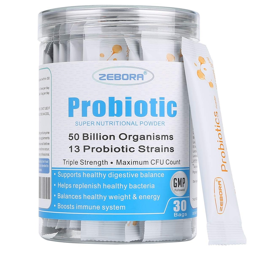 Zebora Probiotika pro ženy, muže a děti, Prebiotika a Probiotika Prášek pro trávicí a imunitní Gut zdraví - Podpora Healthy- Respiratory- Systém gluten zdarma a non GMO, 30 Packets