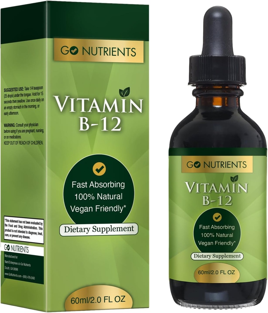 Go Nutrients Vitamin B12 Sublingual Methylkobalamin - B-12 Tekuté kapky 3000mcg, Organic Raspberry Flavor, Vegan - Podporuje energii, Nerve zdraví & Red Blood Cell Formation - 2oz (48 Servings)