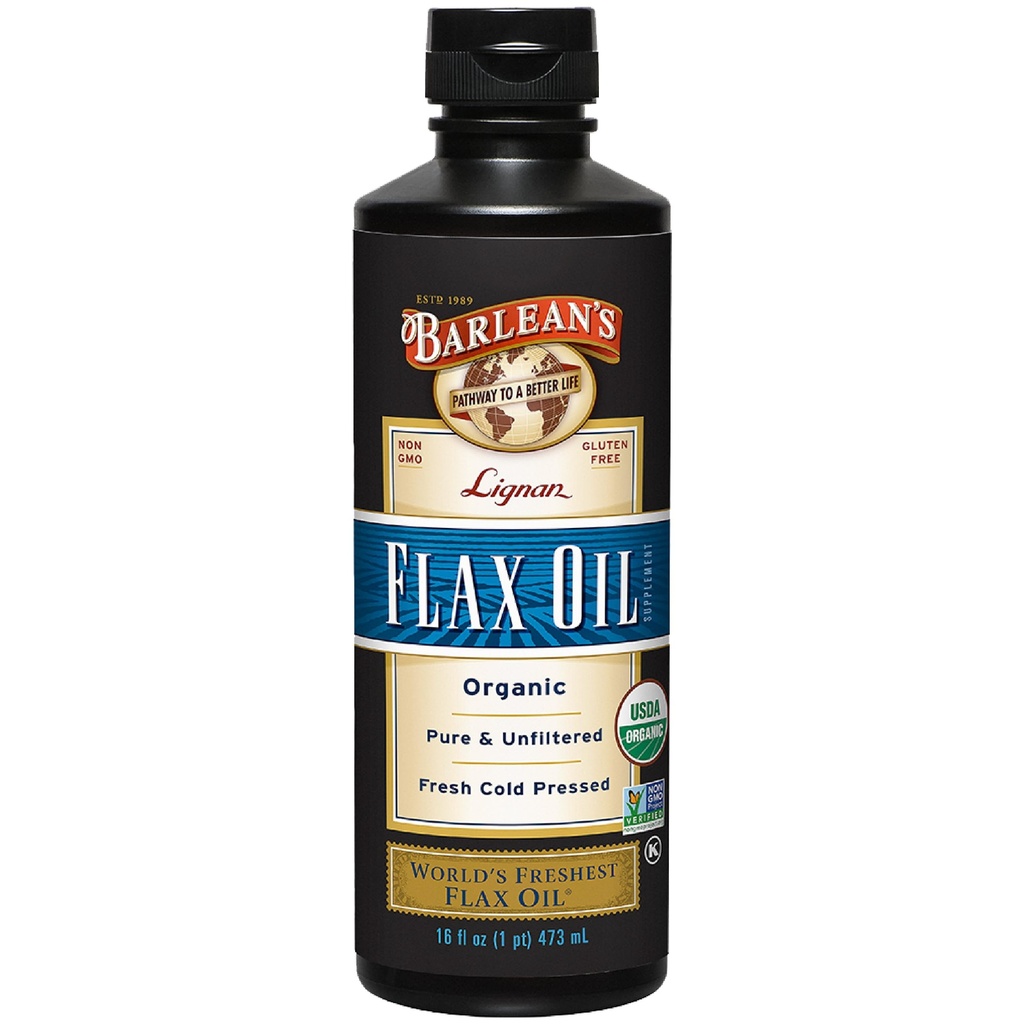Barlean 's Organic Lignan Omega 3 Flaxseed Oil Liquid Supplement for Men and Women, Cold Press Flax Seeds, 7230mg ALA Fatty Acid, Vegan and Gluten Free, 16 oz