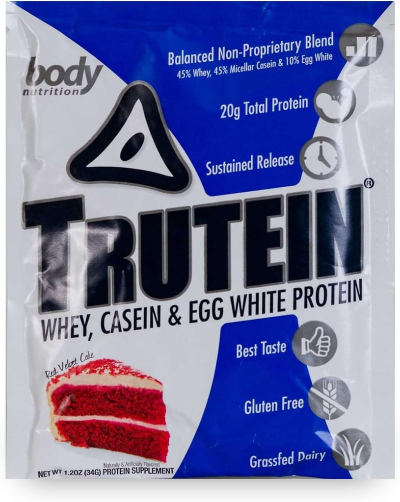 Body Nutrition Trutein High Protein Powder: 45% syrovátka, 45% kasein, 10% Vejce bílá, gluten- Free, nízký sodík, tráva Fed syrovátkový prášek, Gym dodatek & Breakfast Shake, Red Velvet Cake, 34g Vzorek