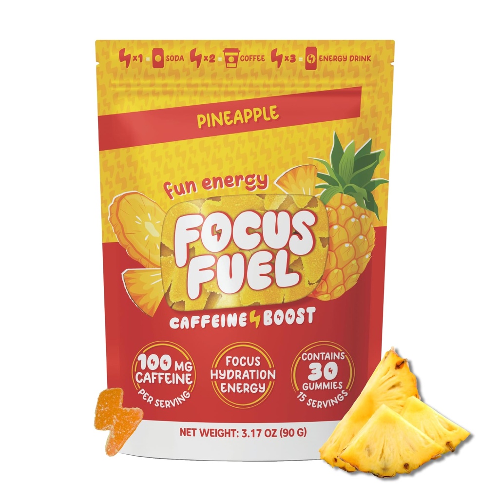 FocusFuel Energy Chews - Ananas Flavor (15 Služeb) - 100mg Caffeine + Alpha GPC + L- Theanine + B12, Magnesium - Tropical Energy Boost - No Crash or Jitters