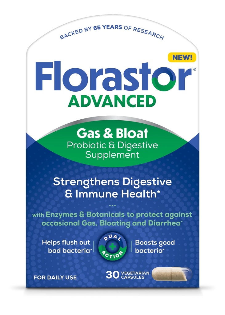 Florastor Advanced Gas and Bloat Probiotic, Digestive Enzymes and Botanicals, Plus Probiotics for Digestive Health, 30 Kapsle