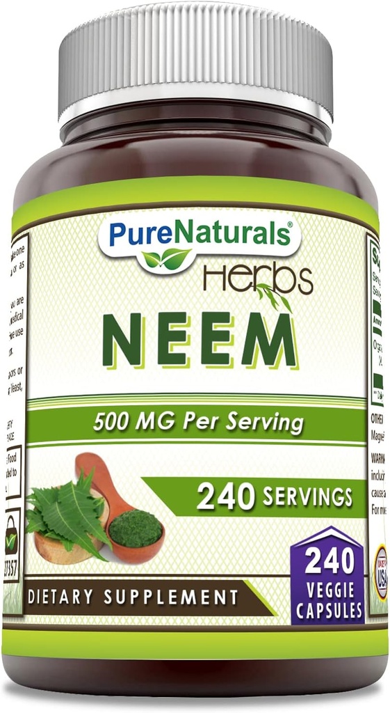 Pure Naturals Neem (Made with Natural Neem Leaf) CLAS124; 500 Mg per Serving 240 Veggie Kapsle Dodatek CLAS124; Non-GMO CLAS124; Gluten Free CLAS124; Made in USA CLAS124; Ideální pro vegetariány